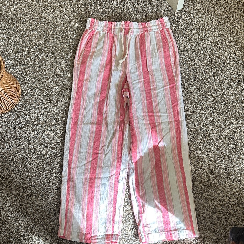 J. Crew Pink and White Striped Wide Leg Linen Pants